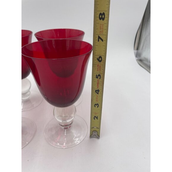 Set Of 4 Vintage Ruby Red Glass Goblets  Clear Ball Stems READ - Picture 7 of 9